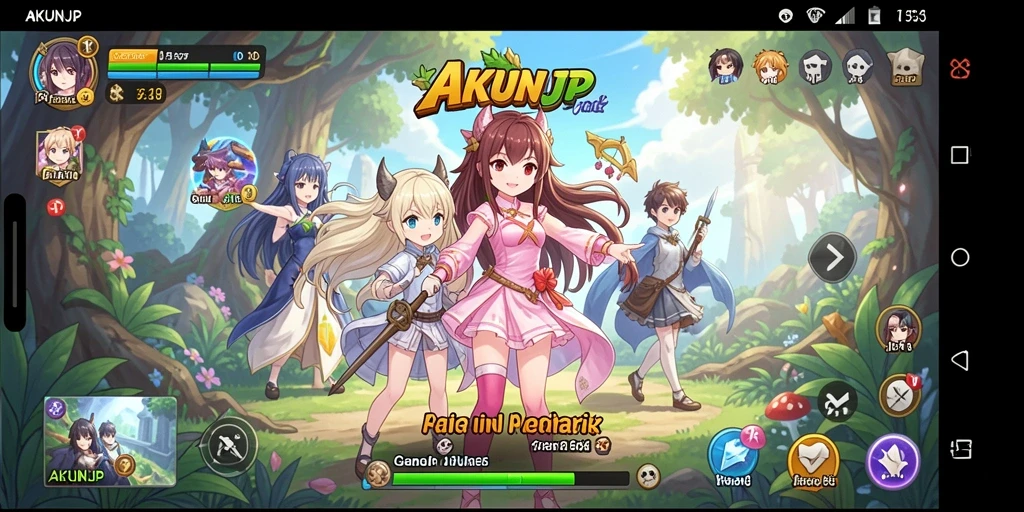 Tangkapan layar utama AKUNJP menampilkan pertarungan seru dengan karakter anime.