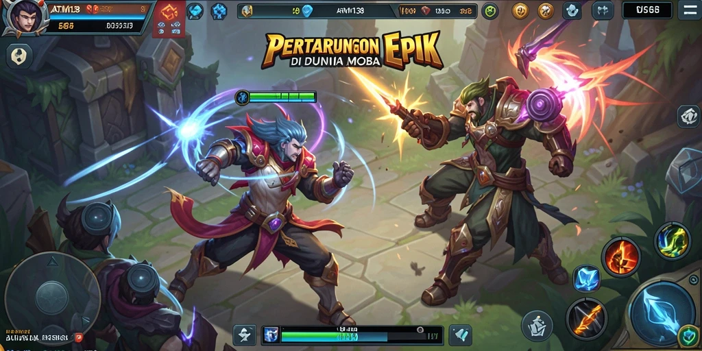 Screenshot utama ATM138 menampilkan aksi seru di pertandingan MOBA.
