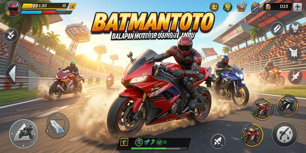 Tangkapan layar gameplay <strong>BATMANTOTO</strong> menunjukkan aksi balapan motor yang mendebarkan.