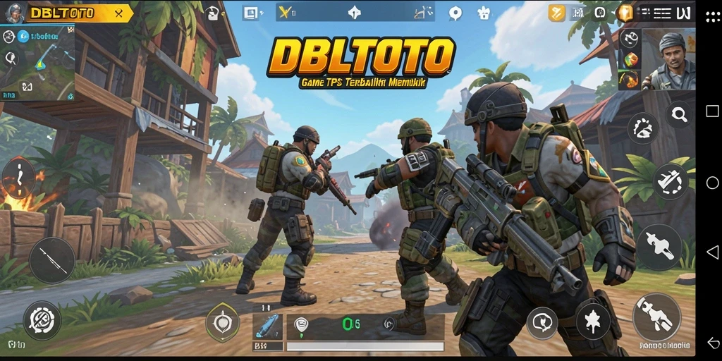 Screenshot utama DBLTOTO menampilkan aksi gameplay TPS yang intens.