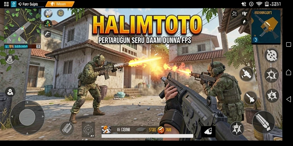 Screenshot utama HALIMTOTO menampilkan aksi seru dalam pertempuran FPS.