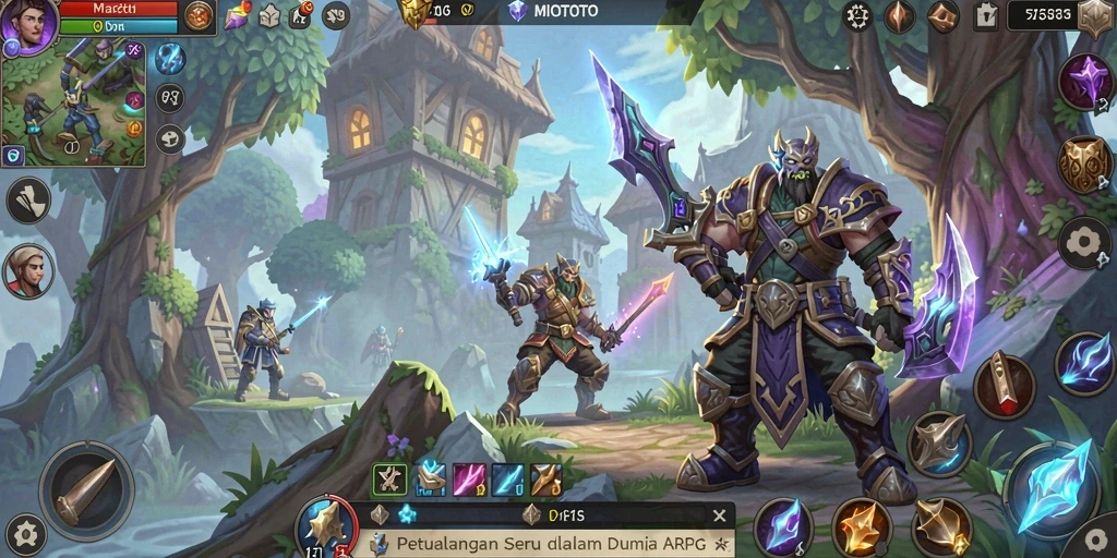 Screenshot gameplay epic dari <strong>MIOTOTO</strong> yang menampilkan pertempuran yang mendebarkan.