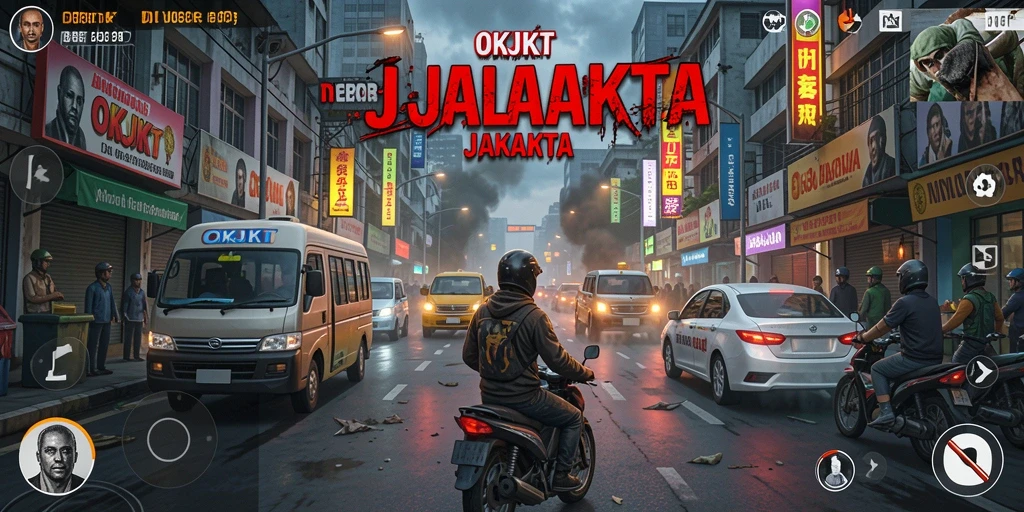 Screenshot gameplay <strong>OKJKT</strong> menampilkan suasana mencekam di jalanan Jakarta.