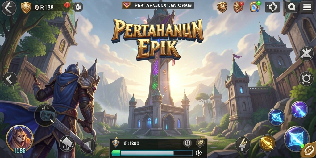Screenshot utama RI188 menampilkan aksi pertahanan menara yang menegangkan.